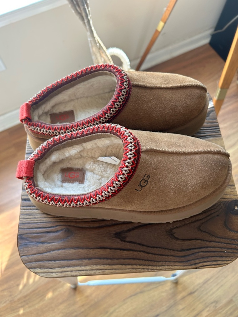 UGG Chestnut Suede Mules with Red Trim - Picture 2 of 6